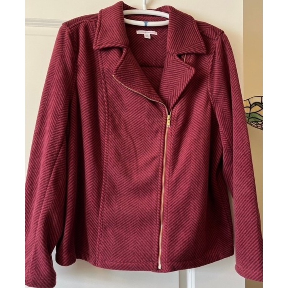 Isaac Mizrahi Live Full Zip Moto Fleece Jacket shirt 3X Burgundy Striped NWOT
